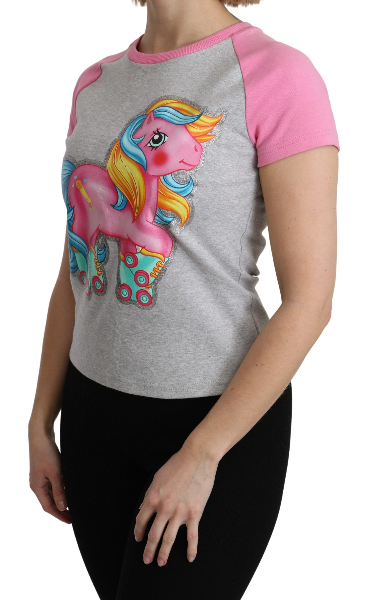 Camiseta elegante de algodón gris con cuello redondo y detalles rosas