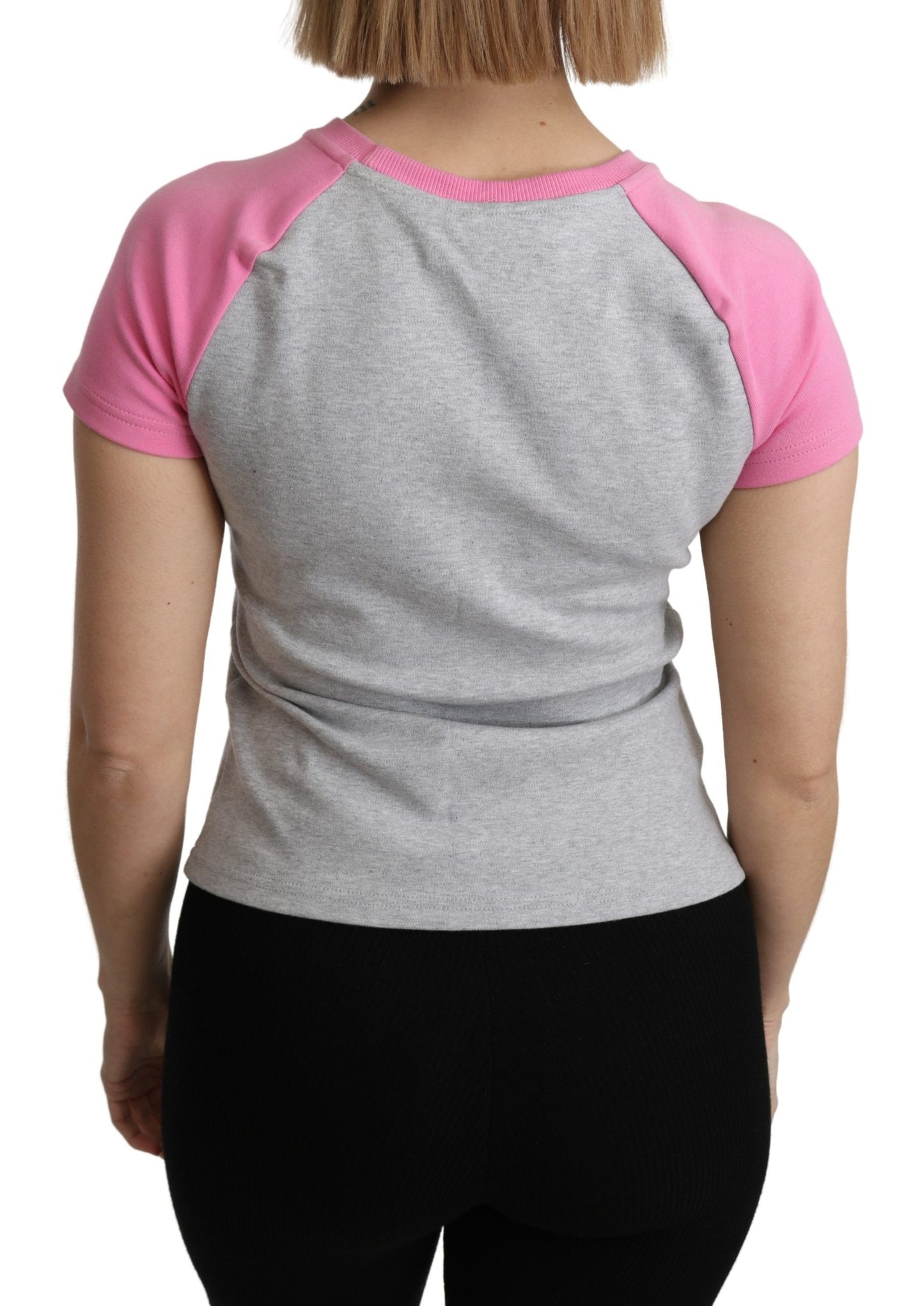 Camiseta elegante de algodón gris con cuello redondo y detalles rosas