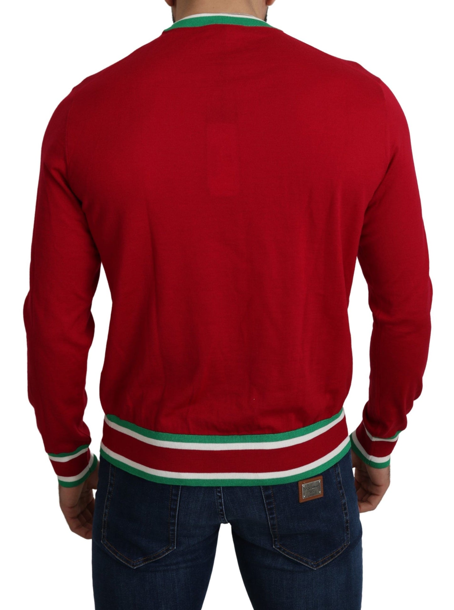 Elegante suéter rojo de cuello redondo de lana y seda