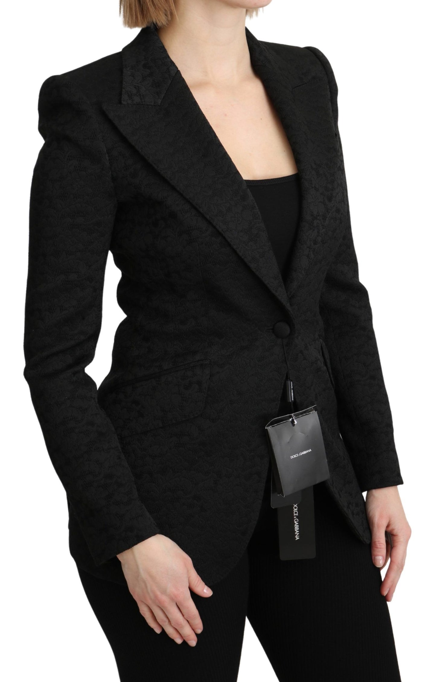 Elegante blazer de brocado negro de botonadura sencilla