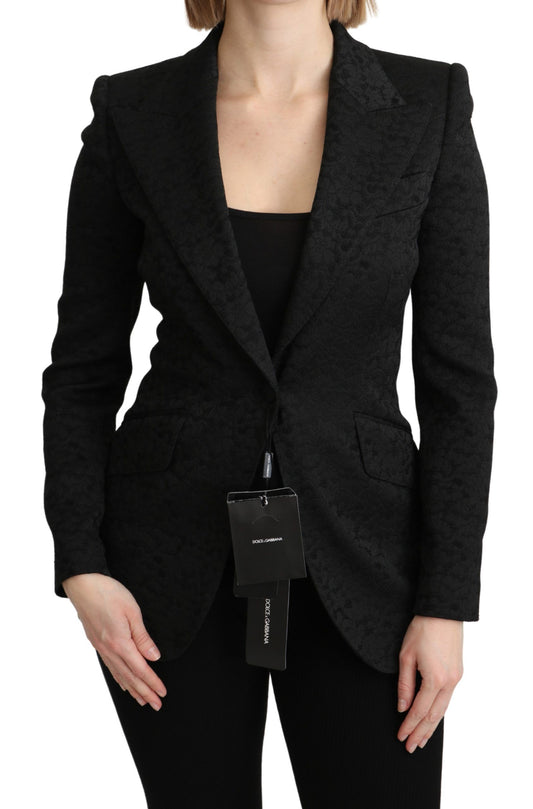 Elegante blazer de brocado negro de botonadura sencilla