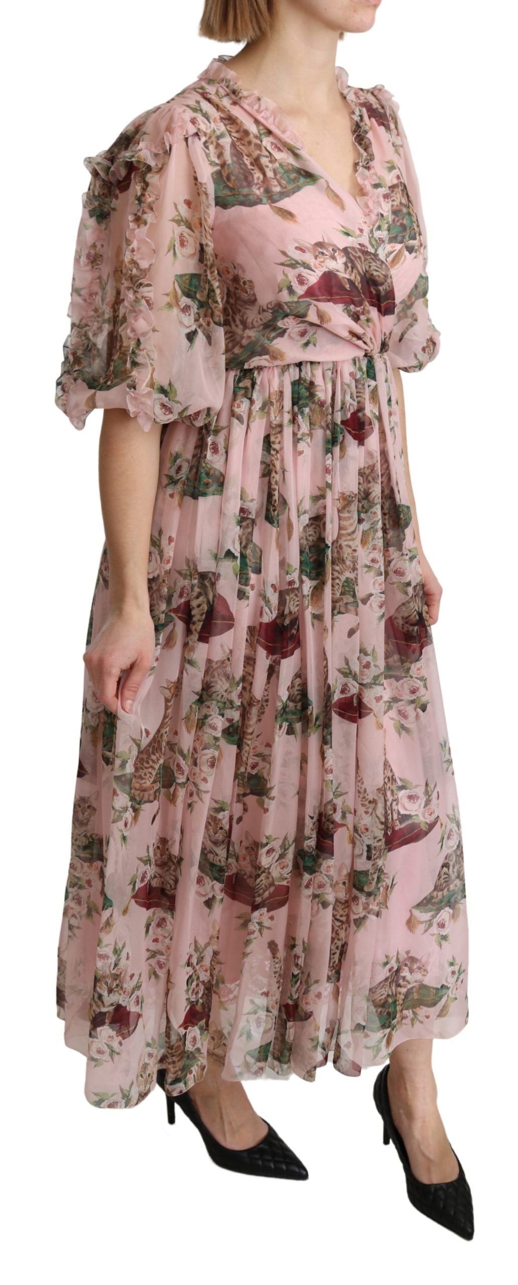 Elegante vestido largo de corte A con estampado de gato de Bengala rosa