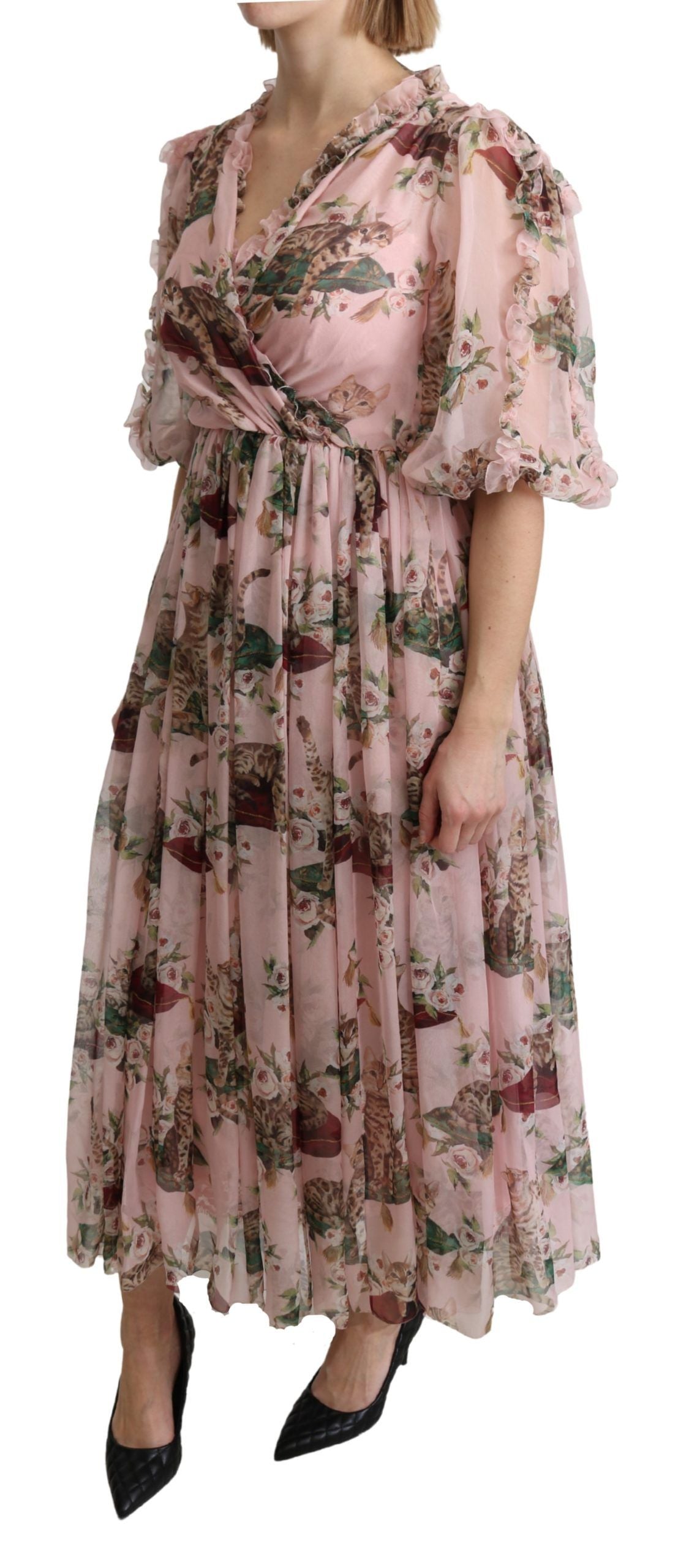 Elegante vestido largo de corte A con estampado de gato de Bengala rosa