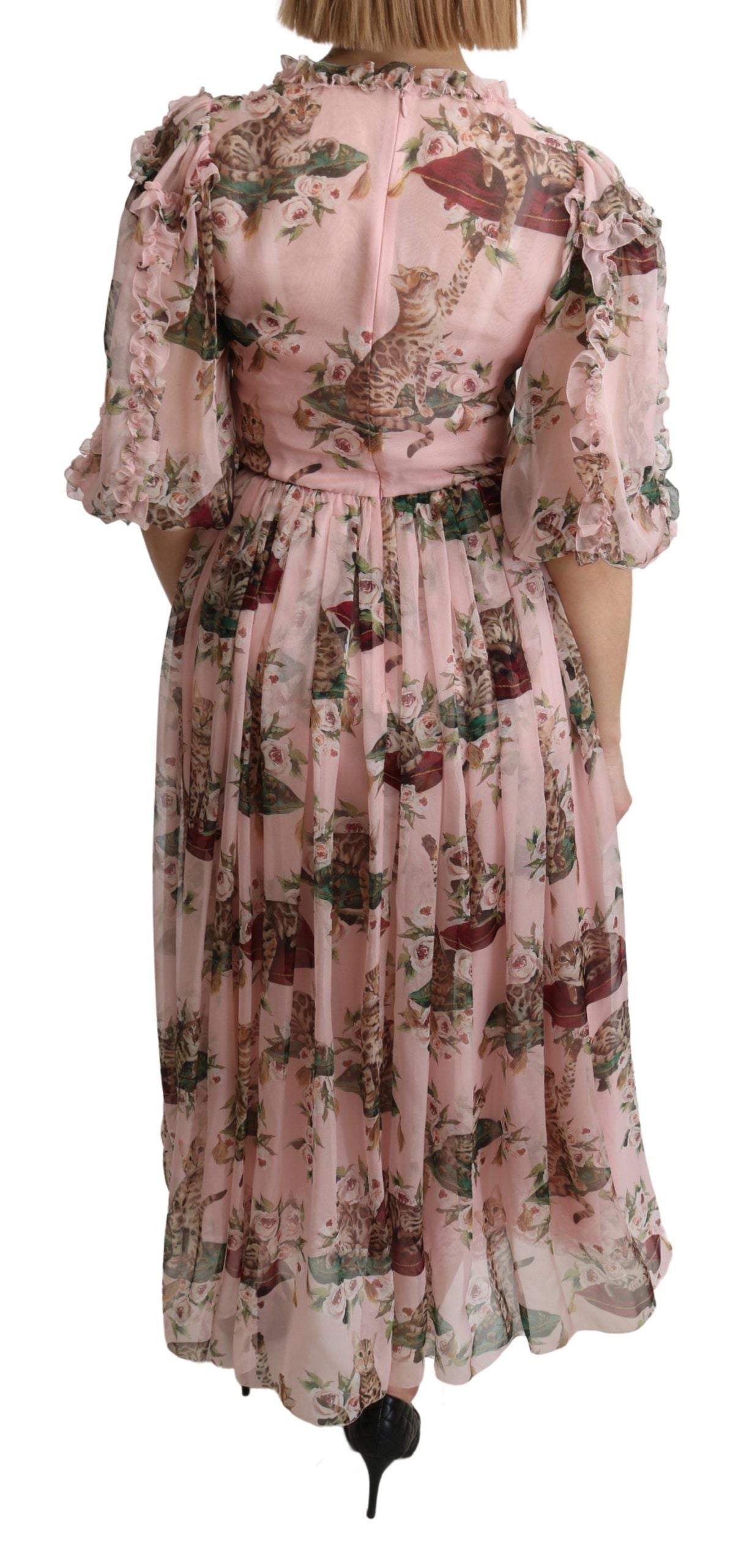 Elegante vestido largo de corte A con estampado de gato de Bengala rosa