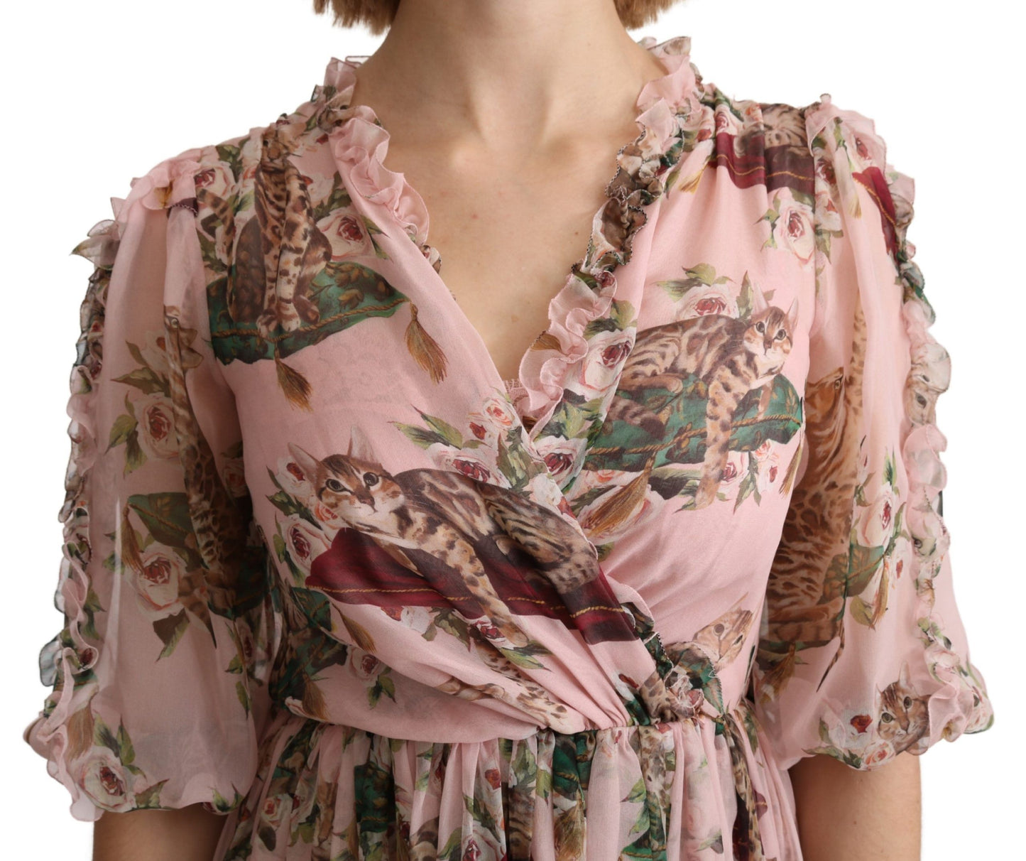 Elegante vestido largo de corte A con estampado de gato de Bengala rosa