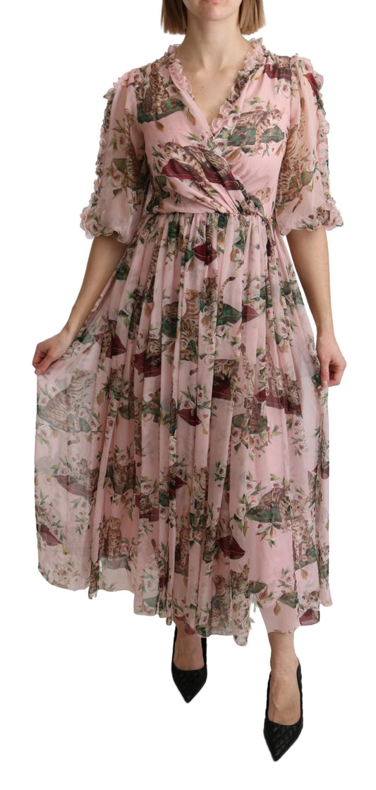Elegante vestido largo de corte A con estampado de gato de Bengala rosa