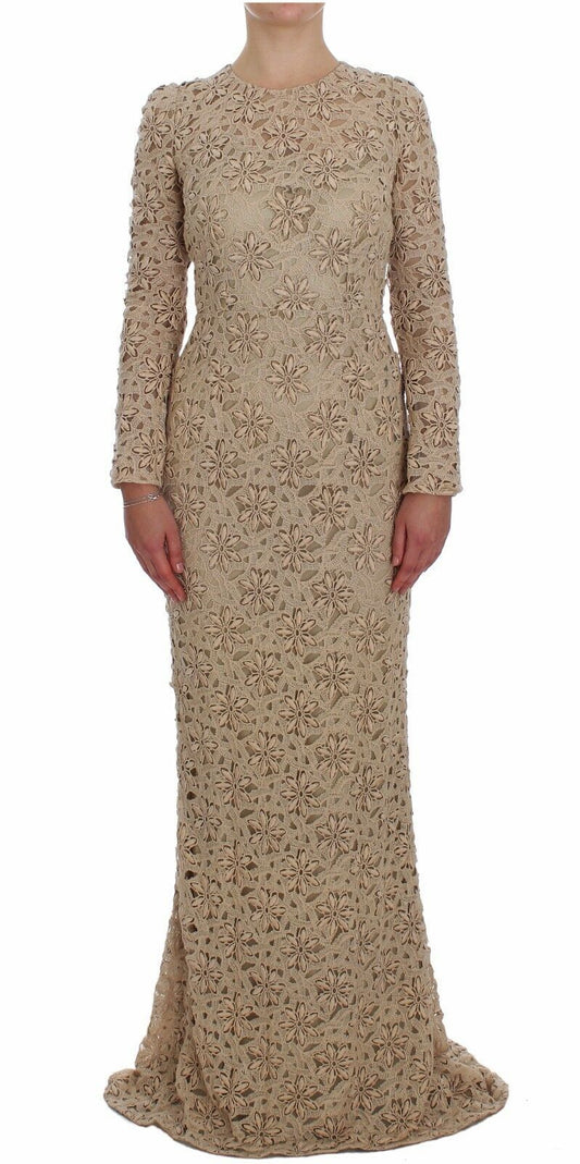 Vestido largo de manga larga con encaje floral beige