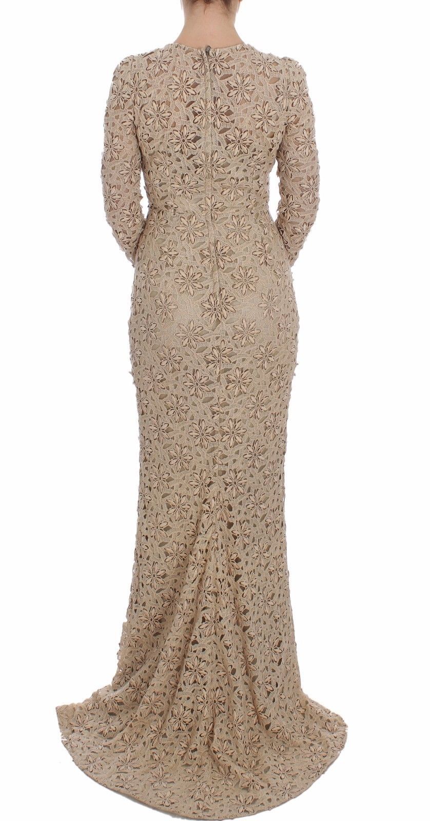 Vestido largo de manga larga con encaje floral beige