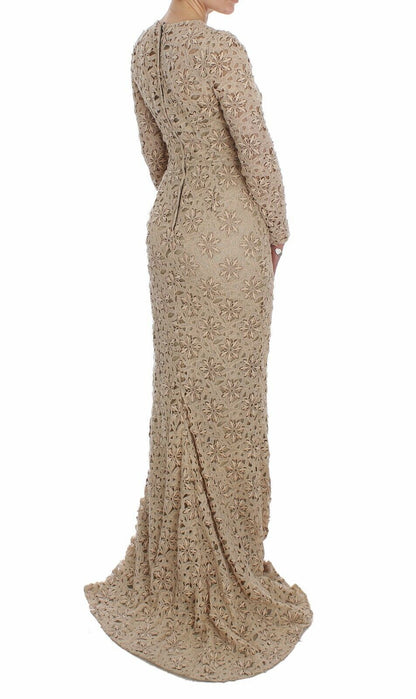 Vestido largo de manga larga con encaje floral beige