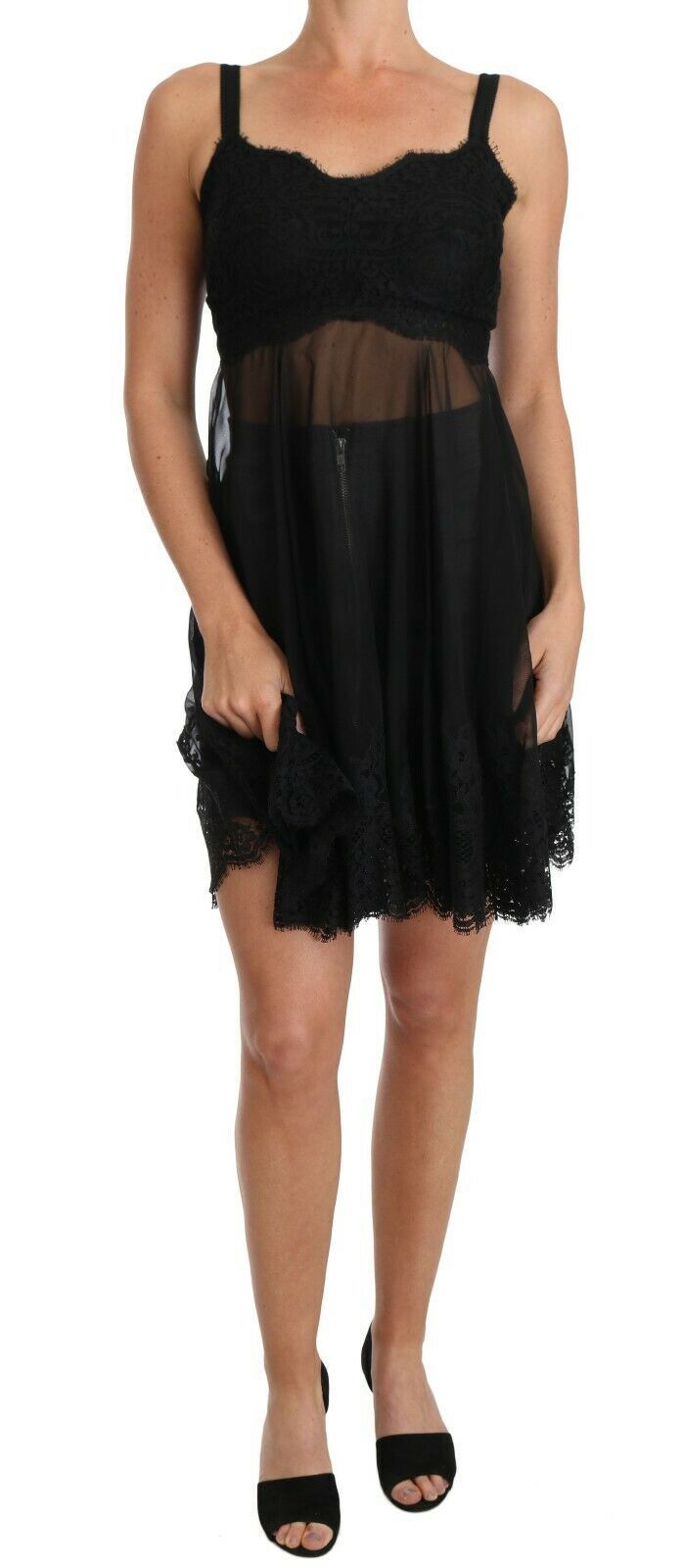 Elegante vestido camisero de encaje floral de seda negra