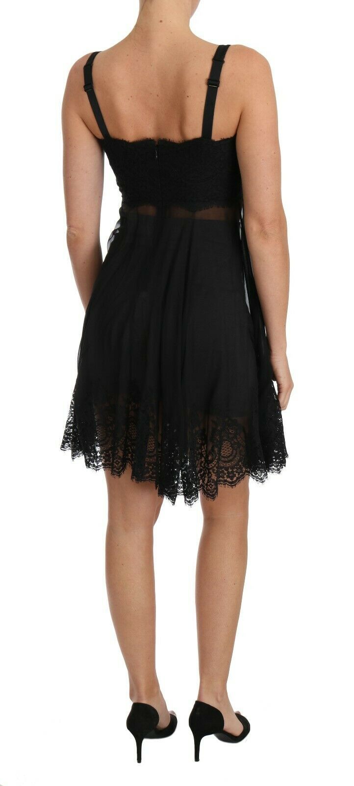 Elegante vestido camisero de encaje floral de seda negra