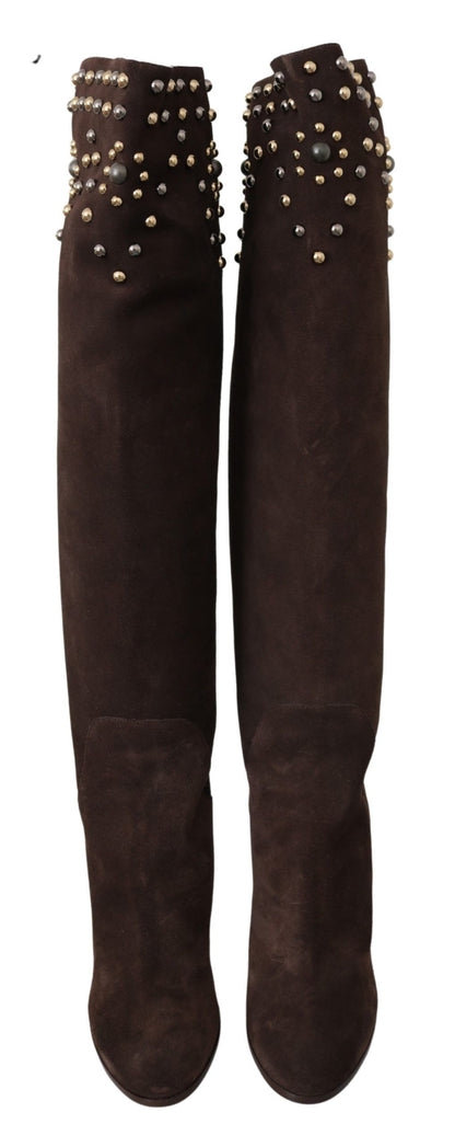 Brown Suede Studded Knee High Shoes Boots