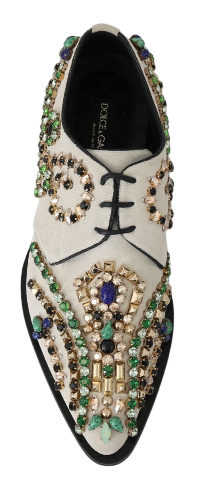 Elegantes zapatos planos de ante blanco con cristales