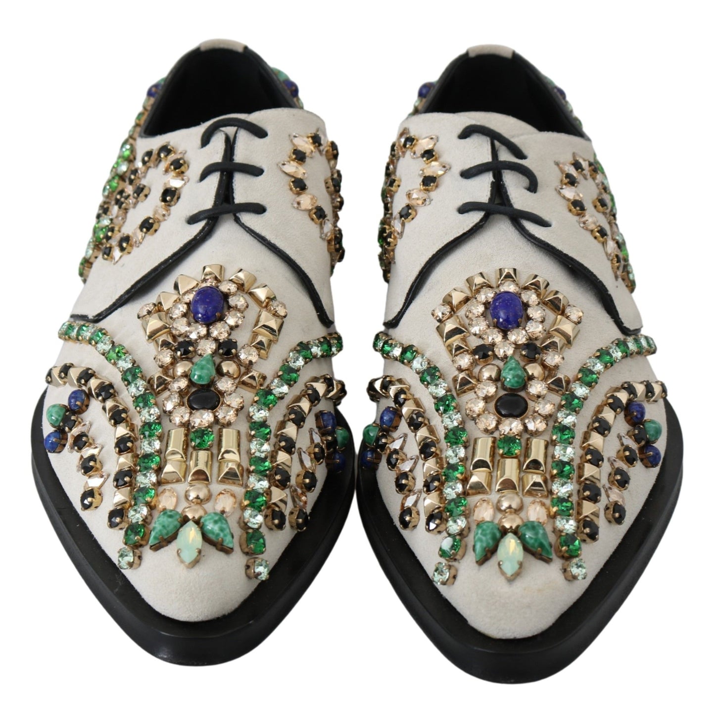 Elegantes zapatos planos de ante blanco con cristales