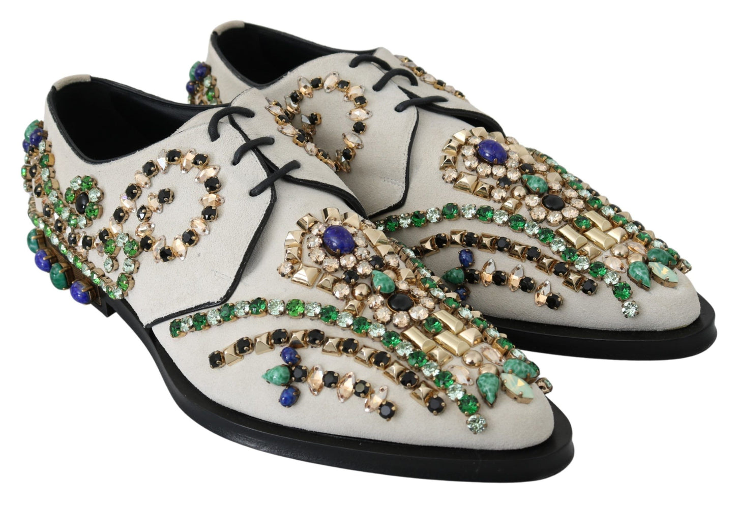 Elegantes zapatos planos de ante blanco con cristales
