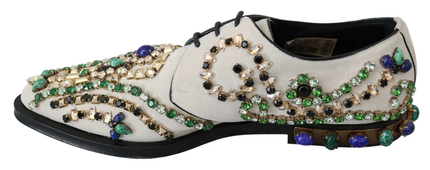 Elegantes zapatos planos de ante blanco con cristales
