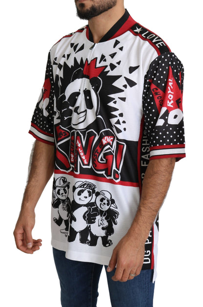 Camiseta elegante con cuello con cremallera y estampado de panda rey blanco