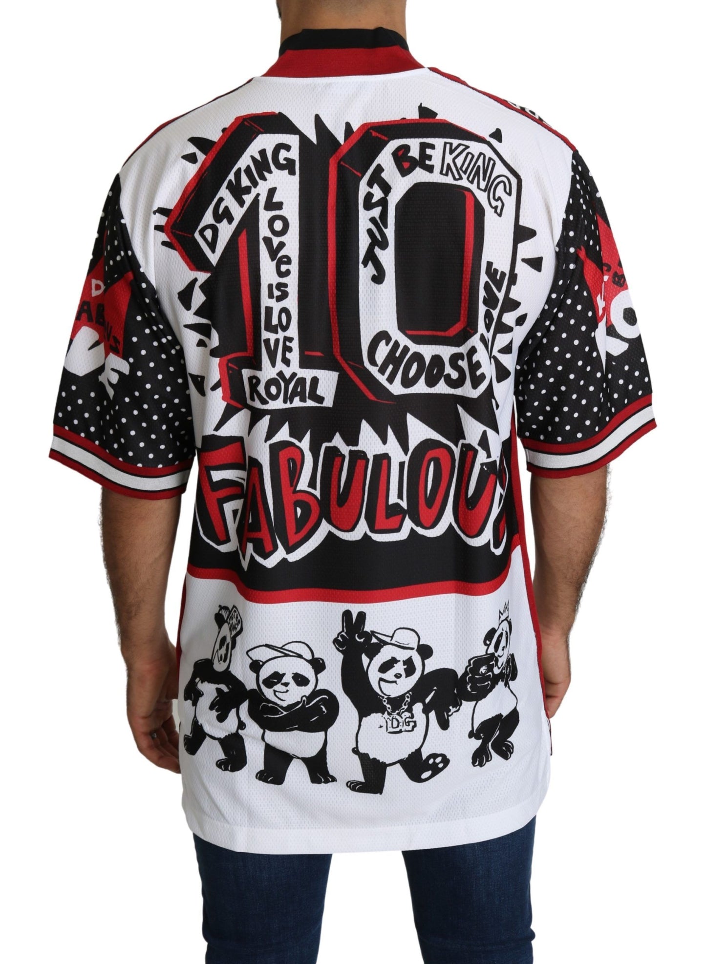 Camiseta elegante con cuello con cremallera y estampado de panda rey blanco