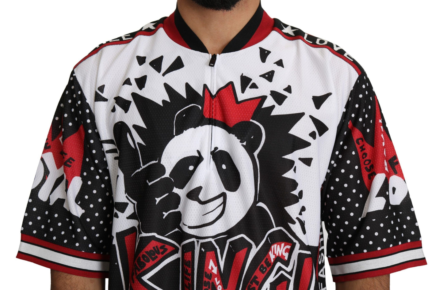 Camiseta elegante con cuello con cremallera y estampado de panda rey blanco