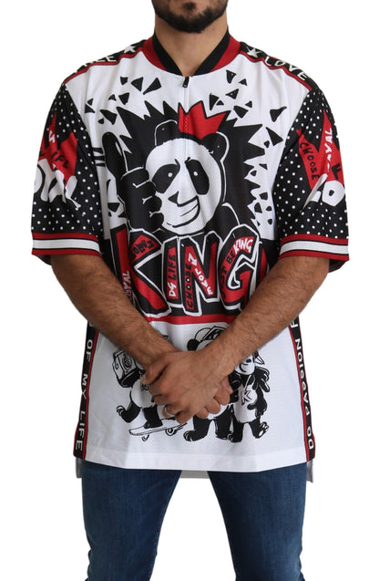 Camiseta elegante con cuello con cremallera y estampado de panda rey blanco