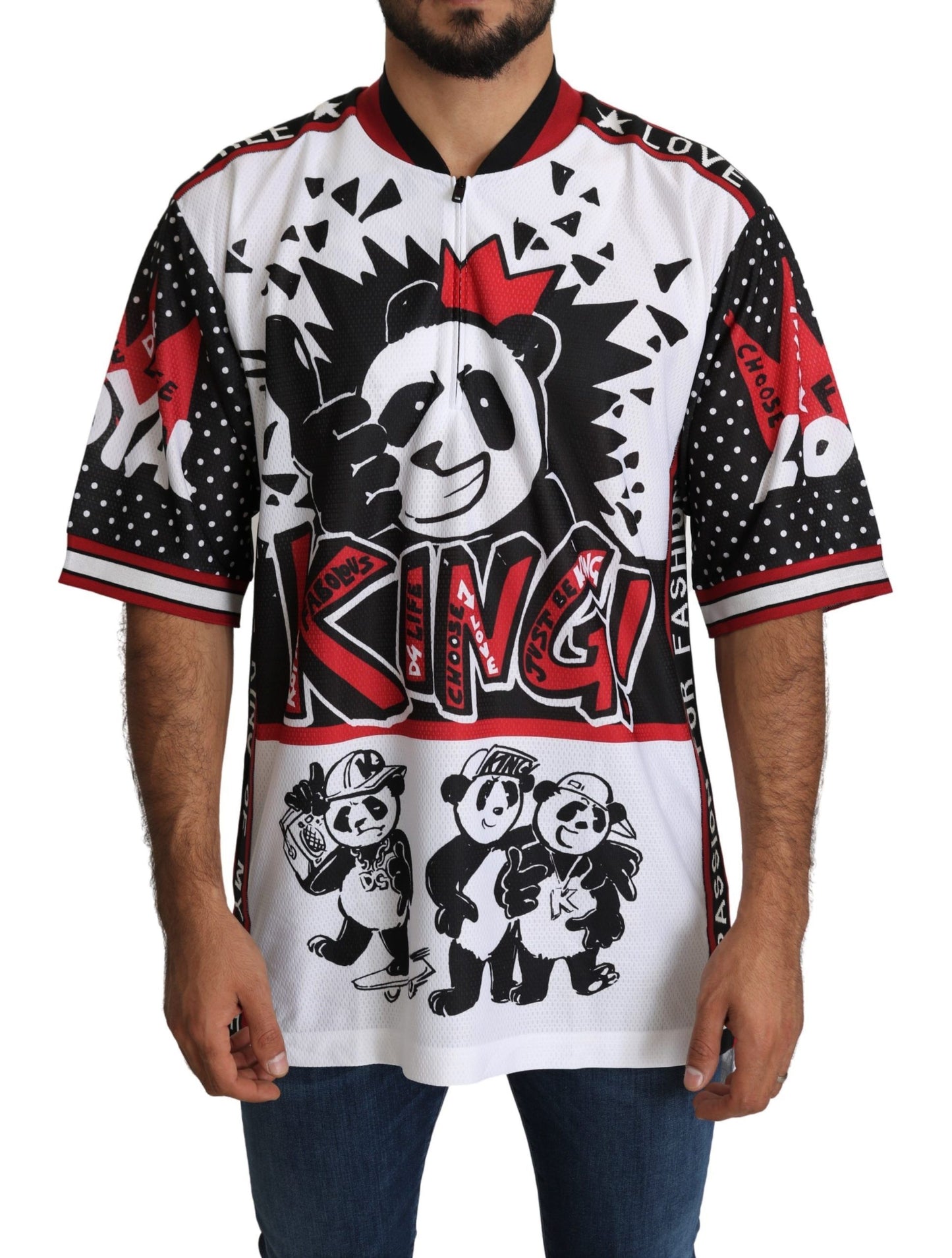 Camiseta elegante con cuello con cremallera y estampado de panda rey blanco