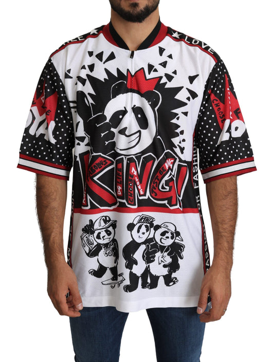 Camiseta elegante con cuello con cremallera y estampado de panda rey blanco