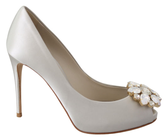 Tacones de mezcla de seda con punta abierta y cristales blancos