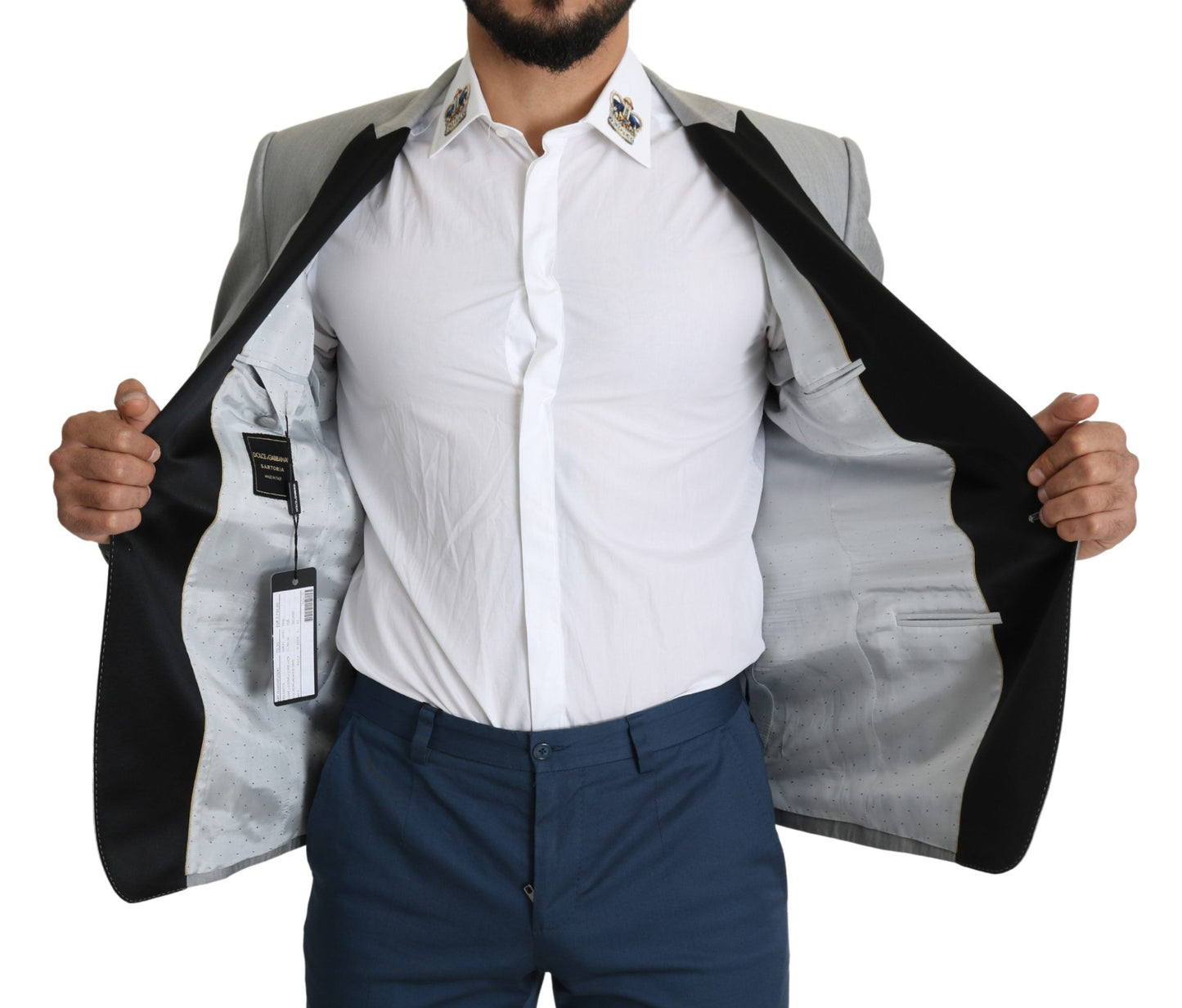 Elegante blazer gris claro de mezcla de seda