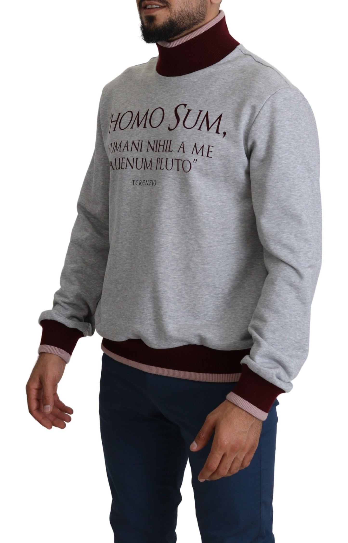 Elegante jersey gris de cuello alto con motivo latino
