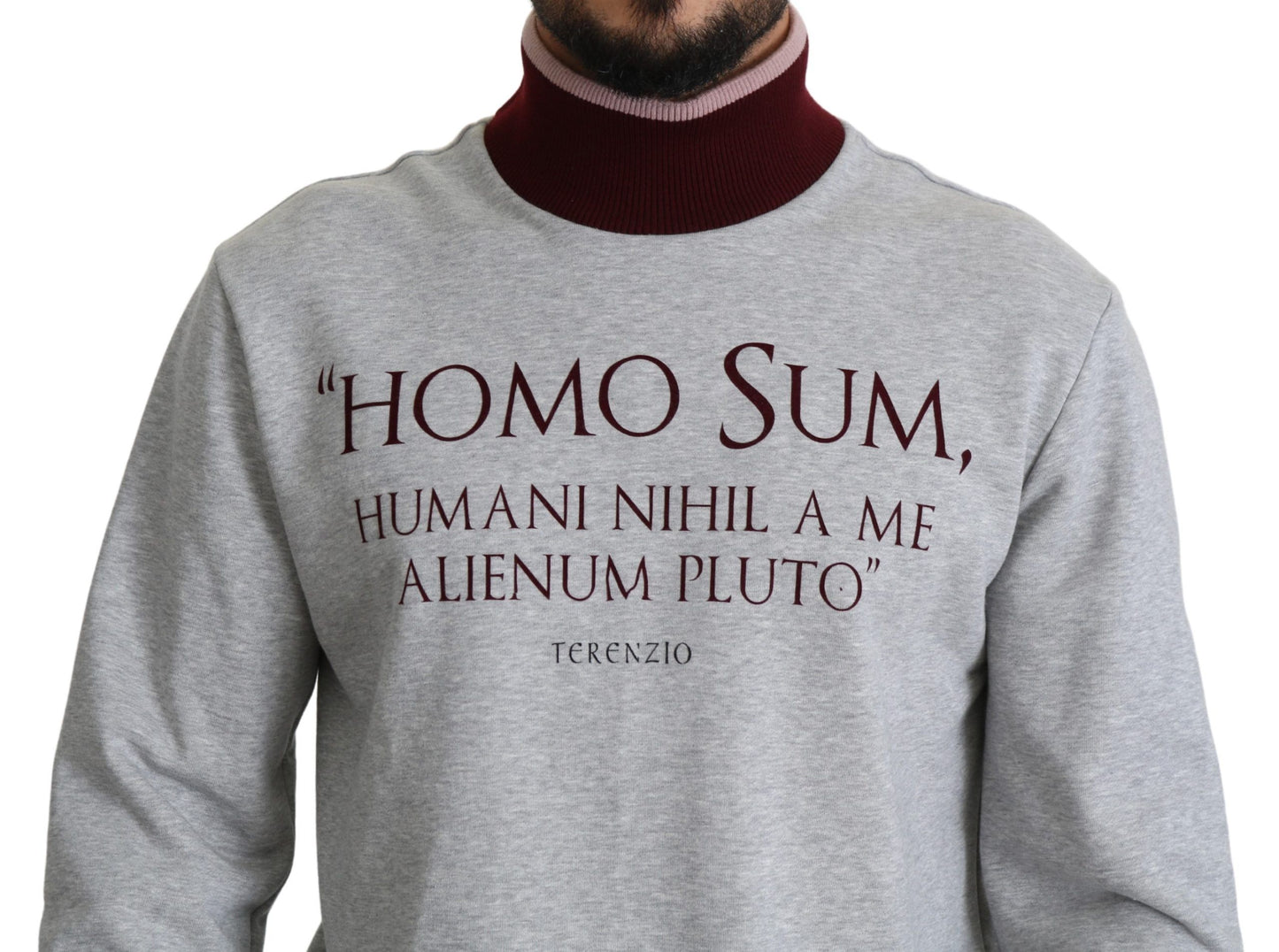Elegante jersey gris de cuello alto con motivo latino