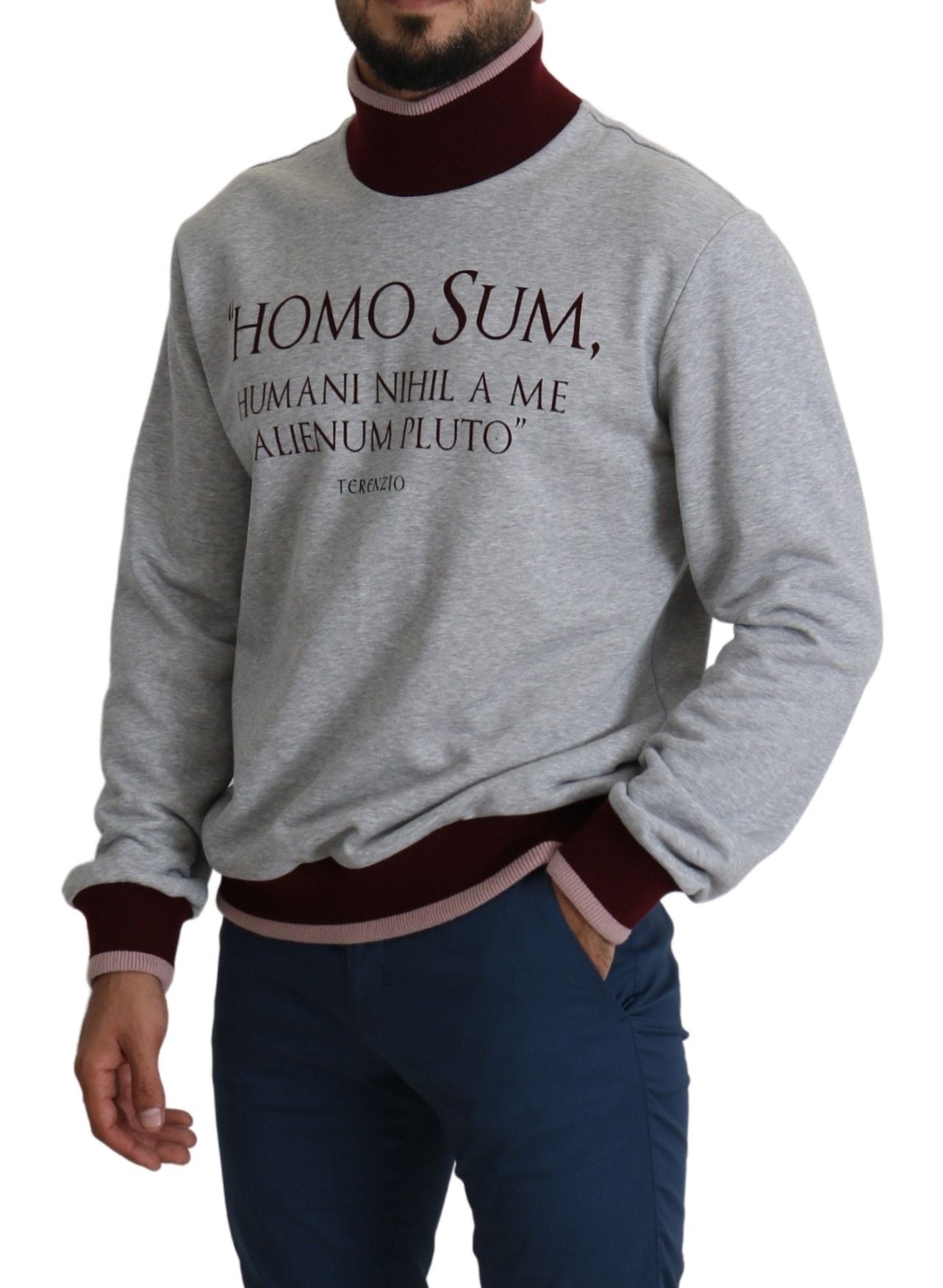 Elegante jersey gris de cuello alto con motivo latino