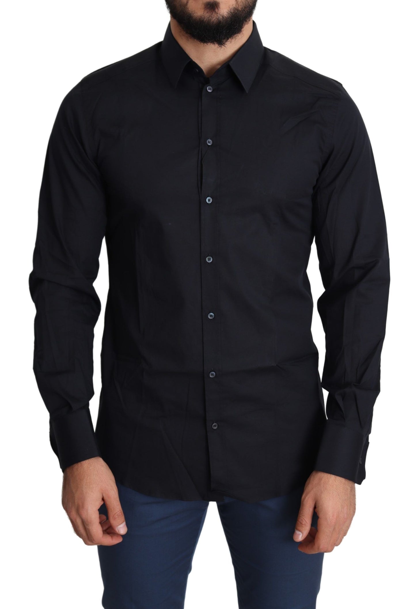 Camisa de vestir de algodón elástico, elegante y de corte ajustado, color negro