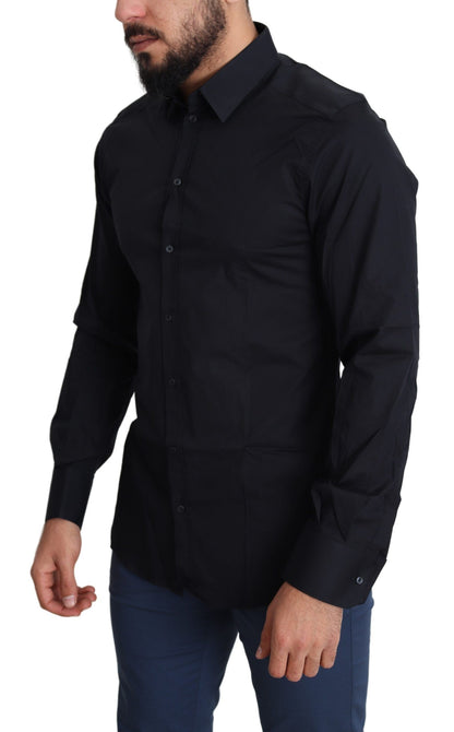 Camisa de vestir de algodón elástico, elegante y de corte ajustado, color negro