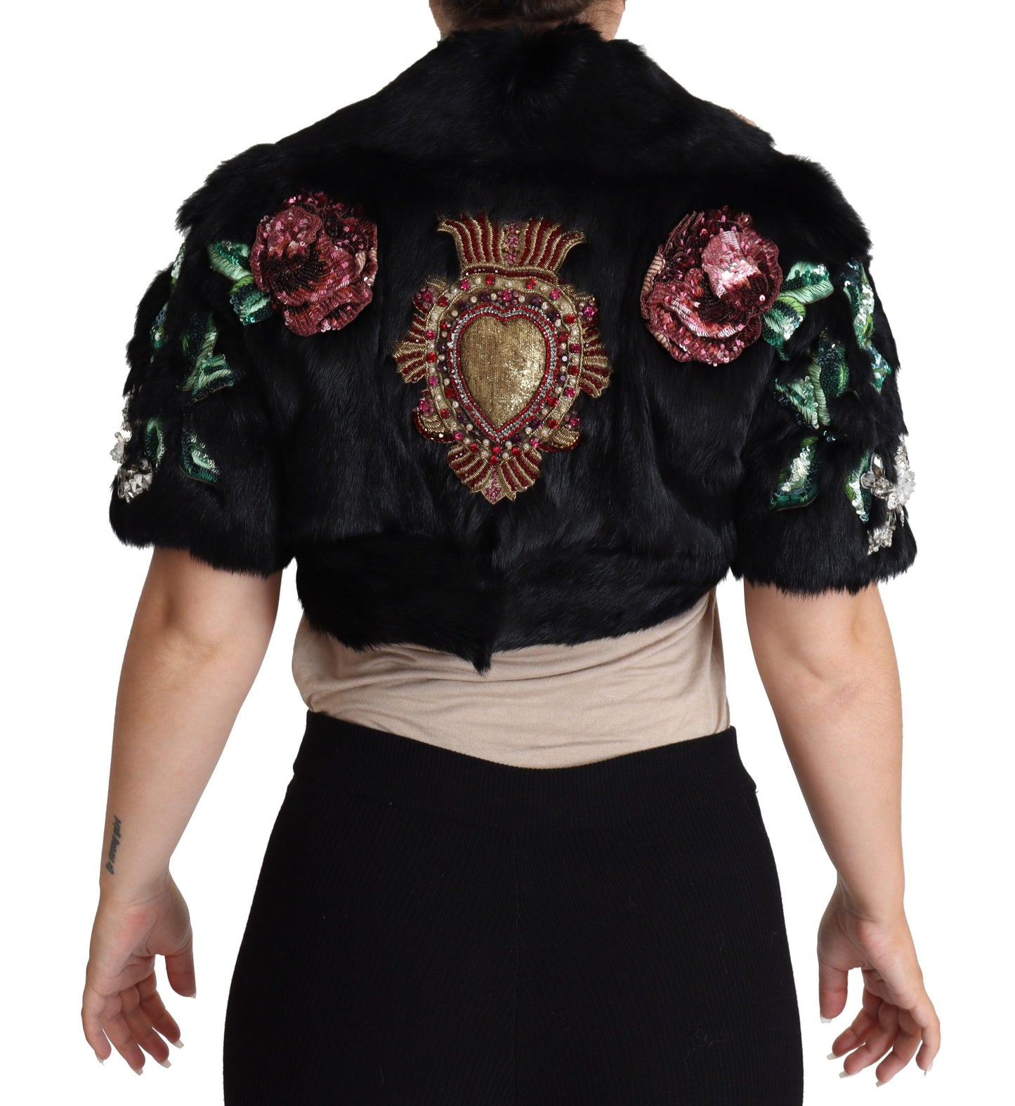 Elegante chaqueta de piel de conejo negra con cristales