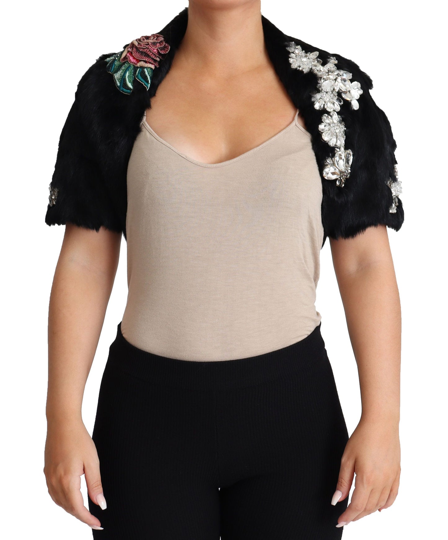 Elegante chaqueta de piel de conejo negra con cristales