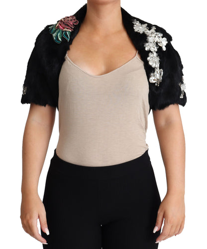 Elegante chaqueta de piel de conejo negra con cristales