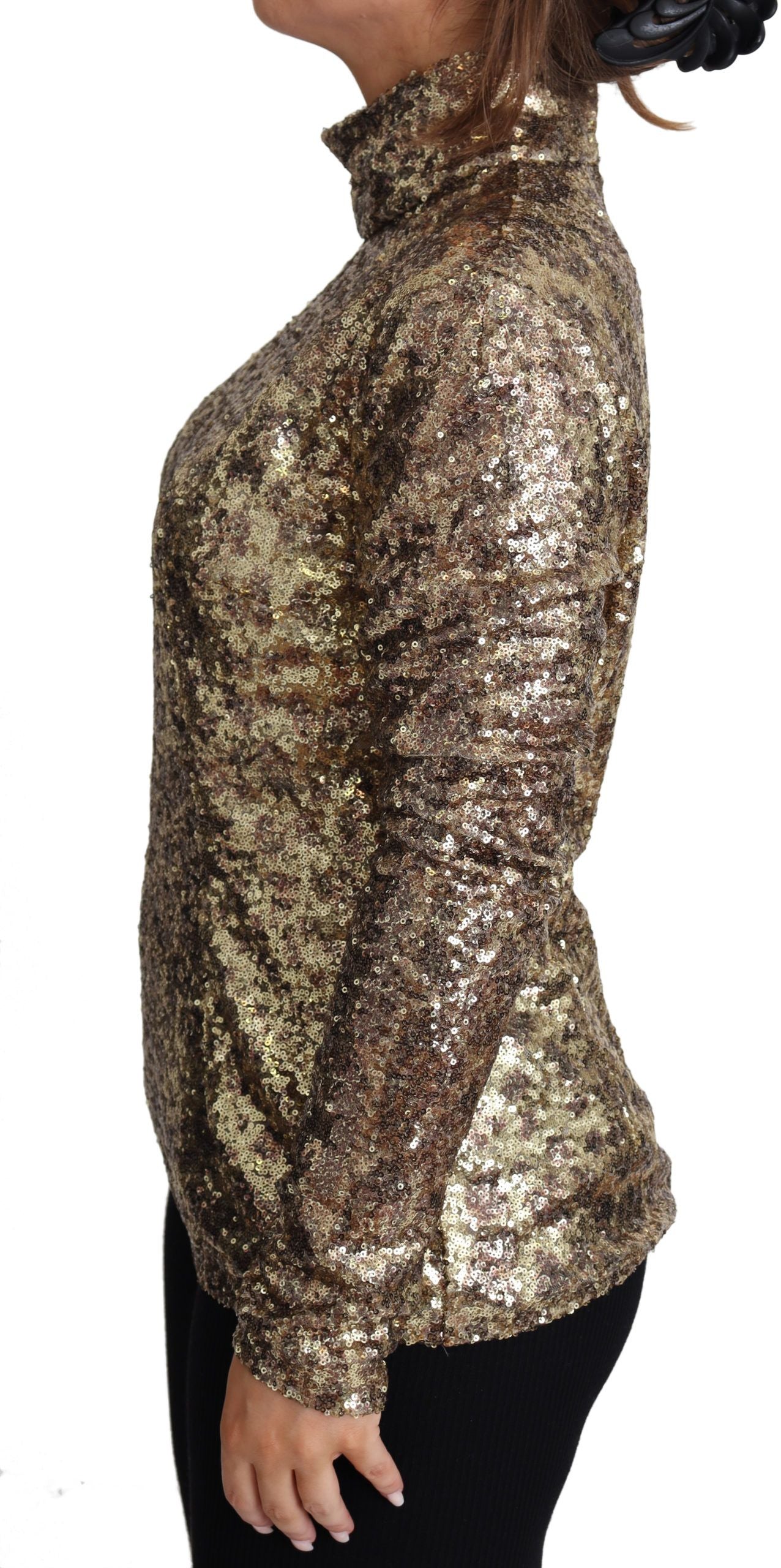 Suéter marrón de cuello alto con lentejuelas y cremallera completa