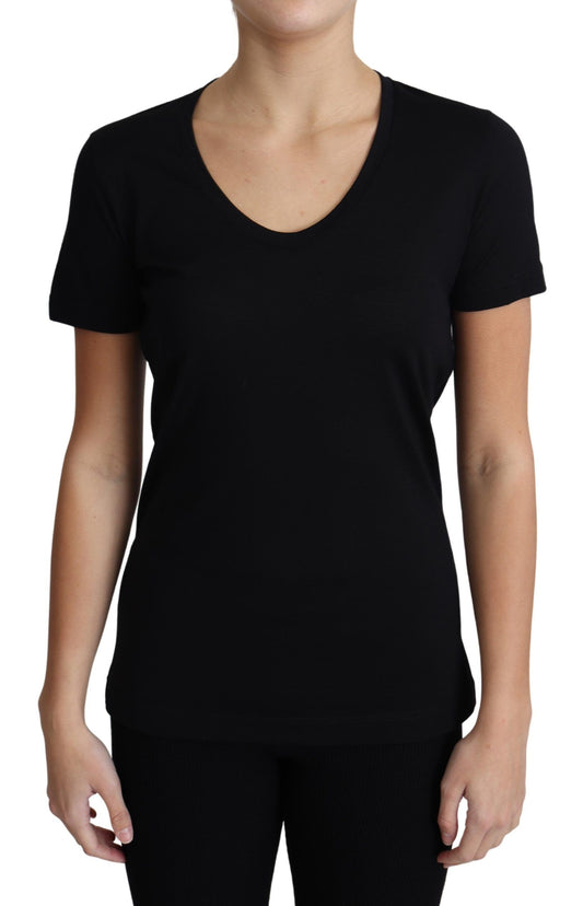 Elegante camiseta negra de cuello redondo de lana