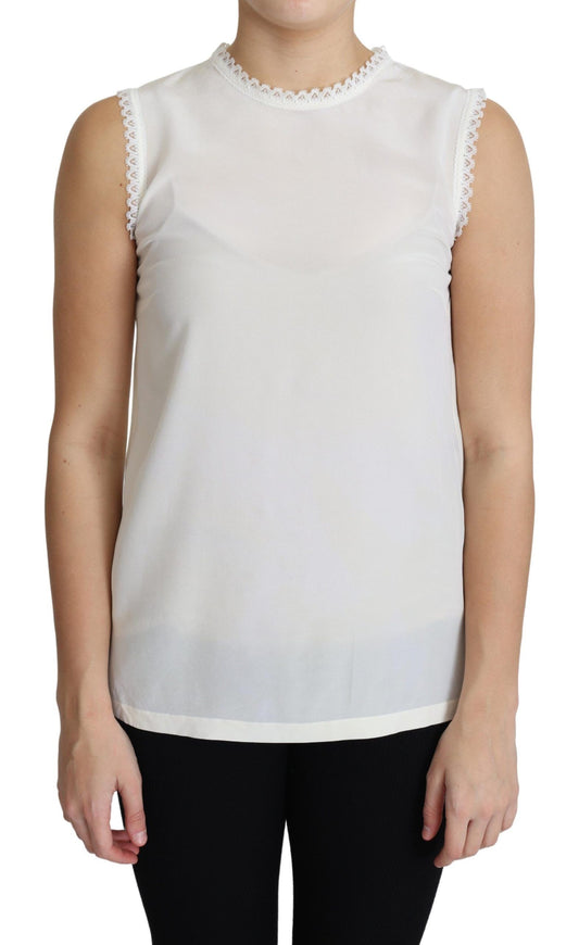 Elegante blusa sin mangas de seda con detalles de encaje