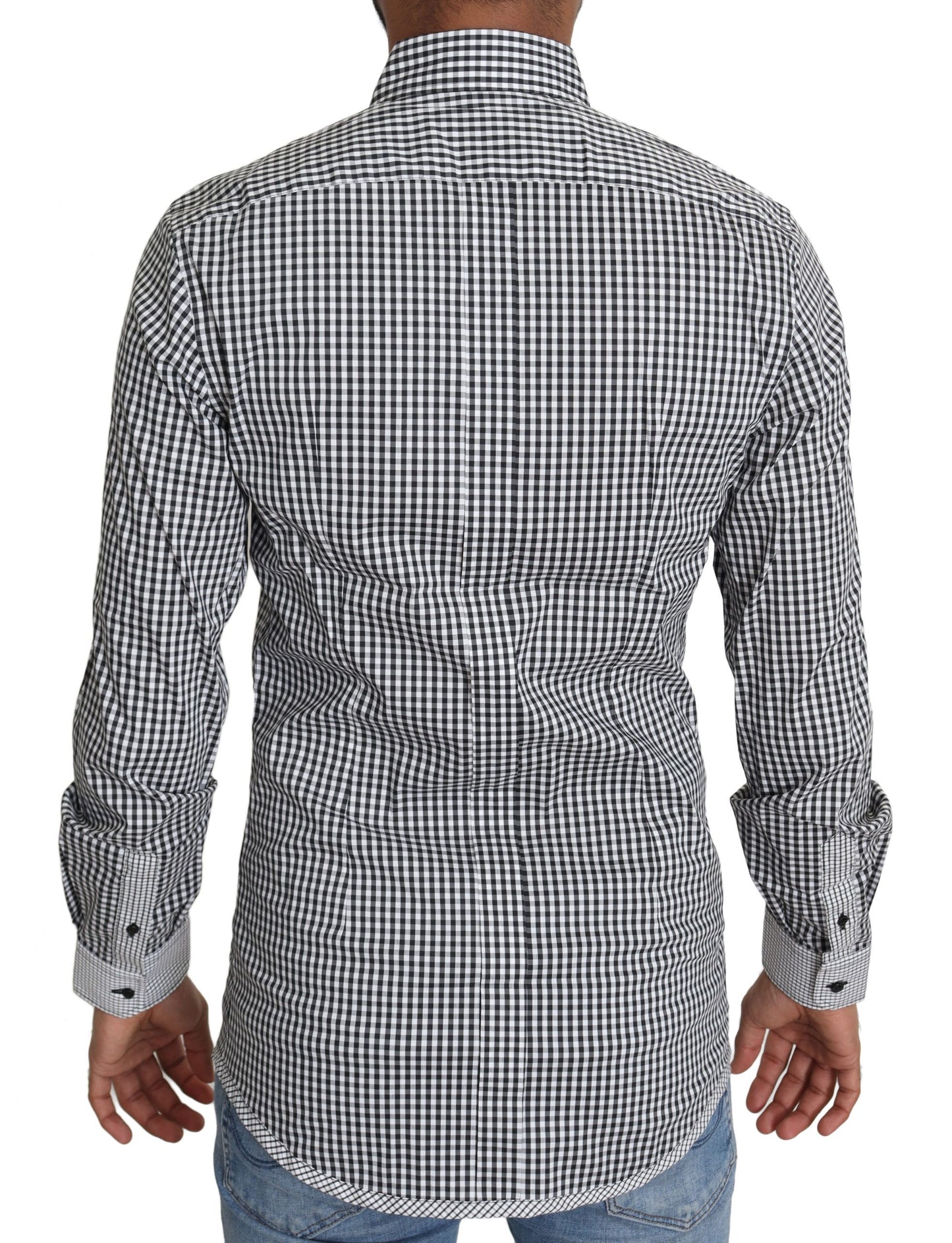 Camisa informal elegante a cuadros dorados en blanco y negro