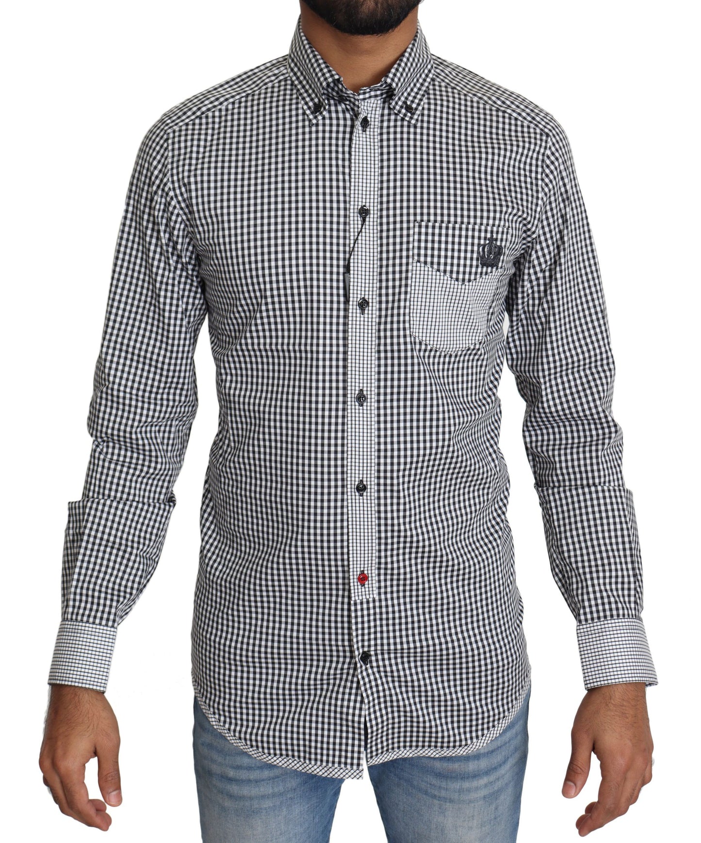 Camisa informal elegante a cuadros dorados en blanco y negro