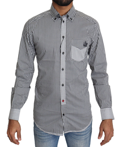 Camisa informal elegante a cuadros dorados en blanco y negro