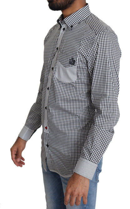 Camisa informal elegante a cuadros dorados en blanco y negro