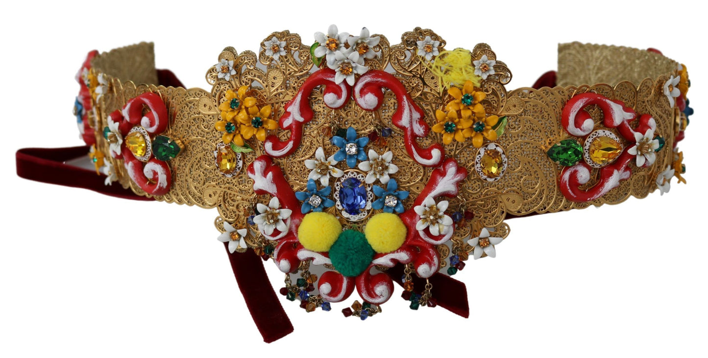 Cinturón con adornos florales de cristal dorado