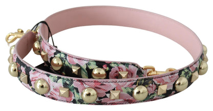 Correa de cuero con tachuelas doradas y florales en rosa
