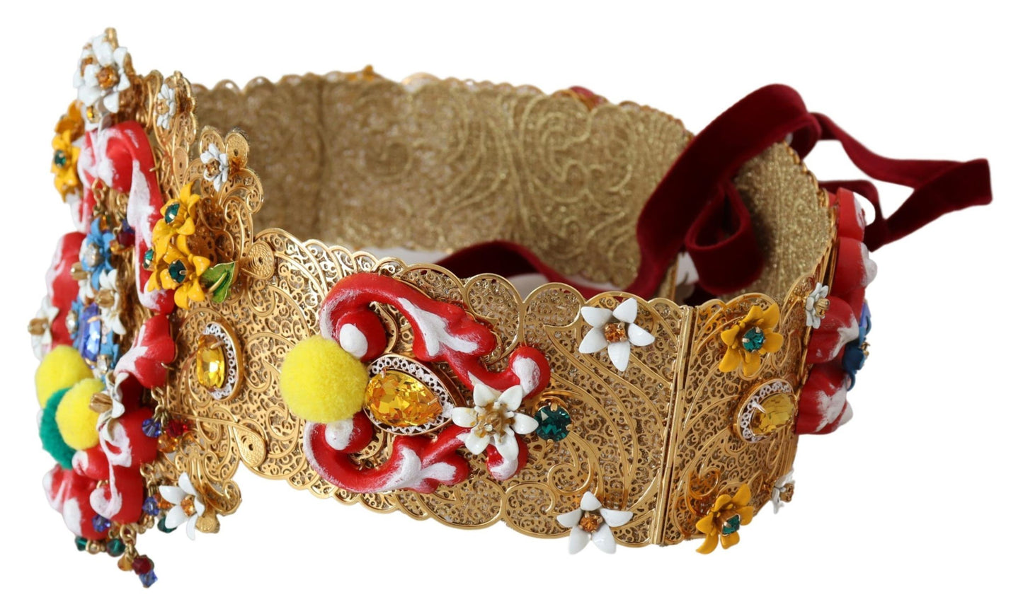 Cinturón de cristal con diseño floral en tono dorado