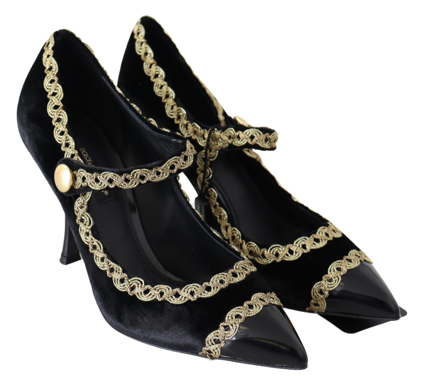 Elegantes zapatos de tacón de terciopelo con bordados de charol