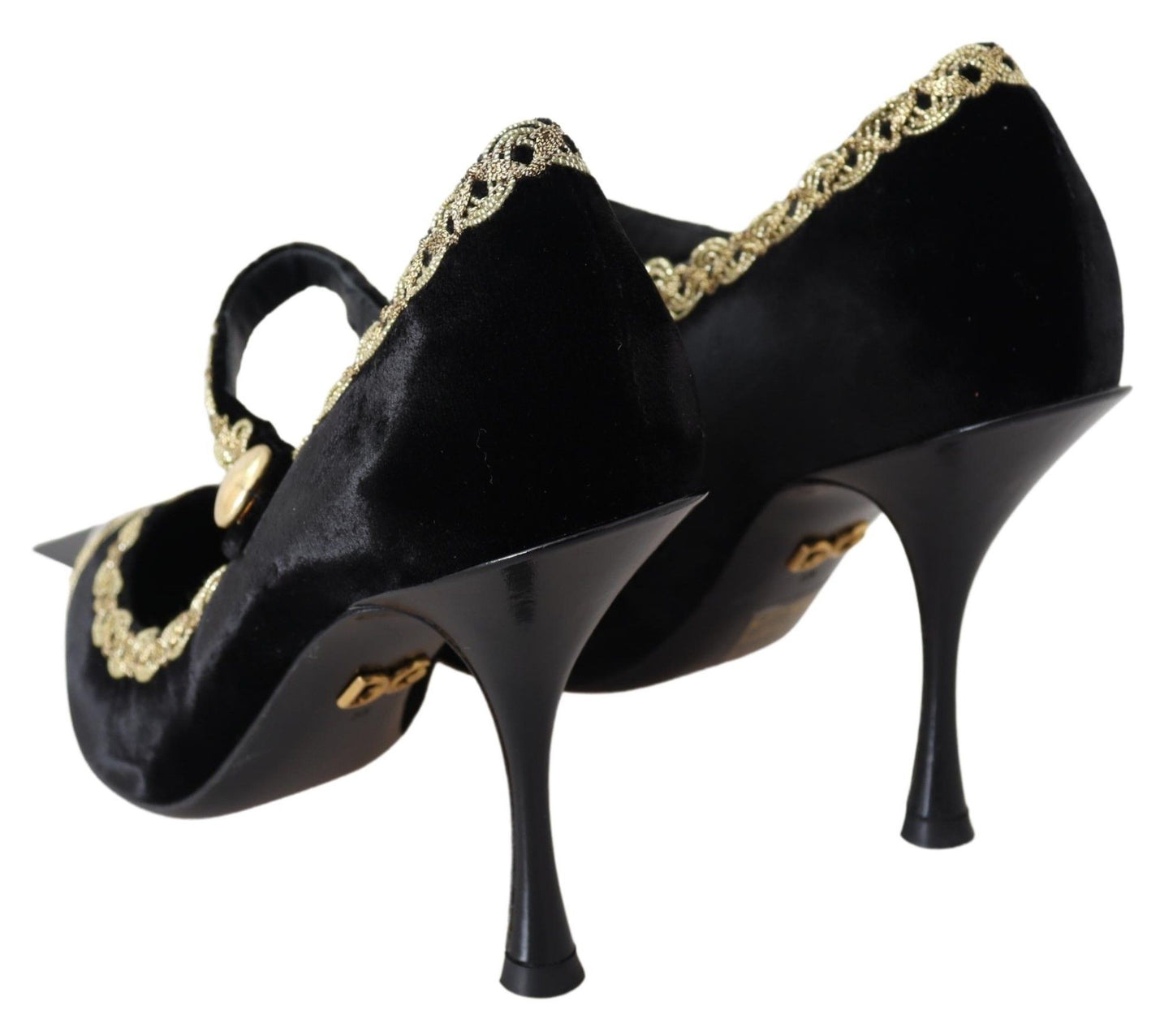 Elegantes zapatos de tacón de terciopelo con bordados de charol