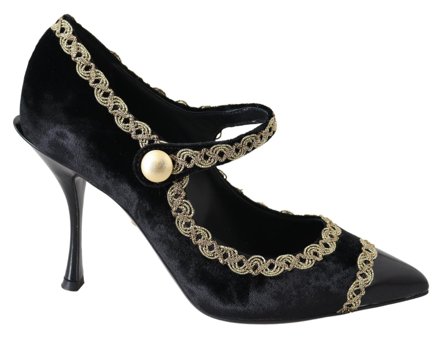 Elegantes zapatos de tacón de terciopelo con bordados de charol