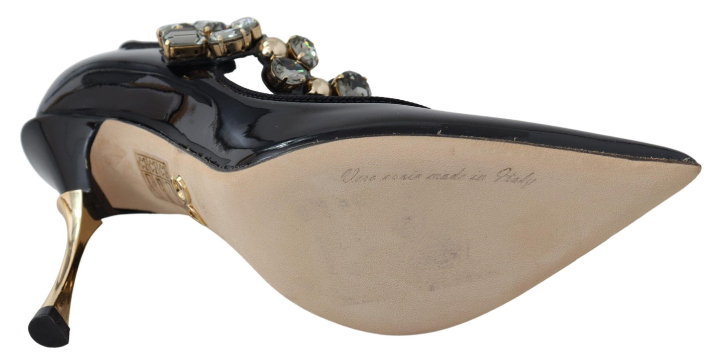Elegantes zapatos de tacón de cuero negro con cristales